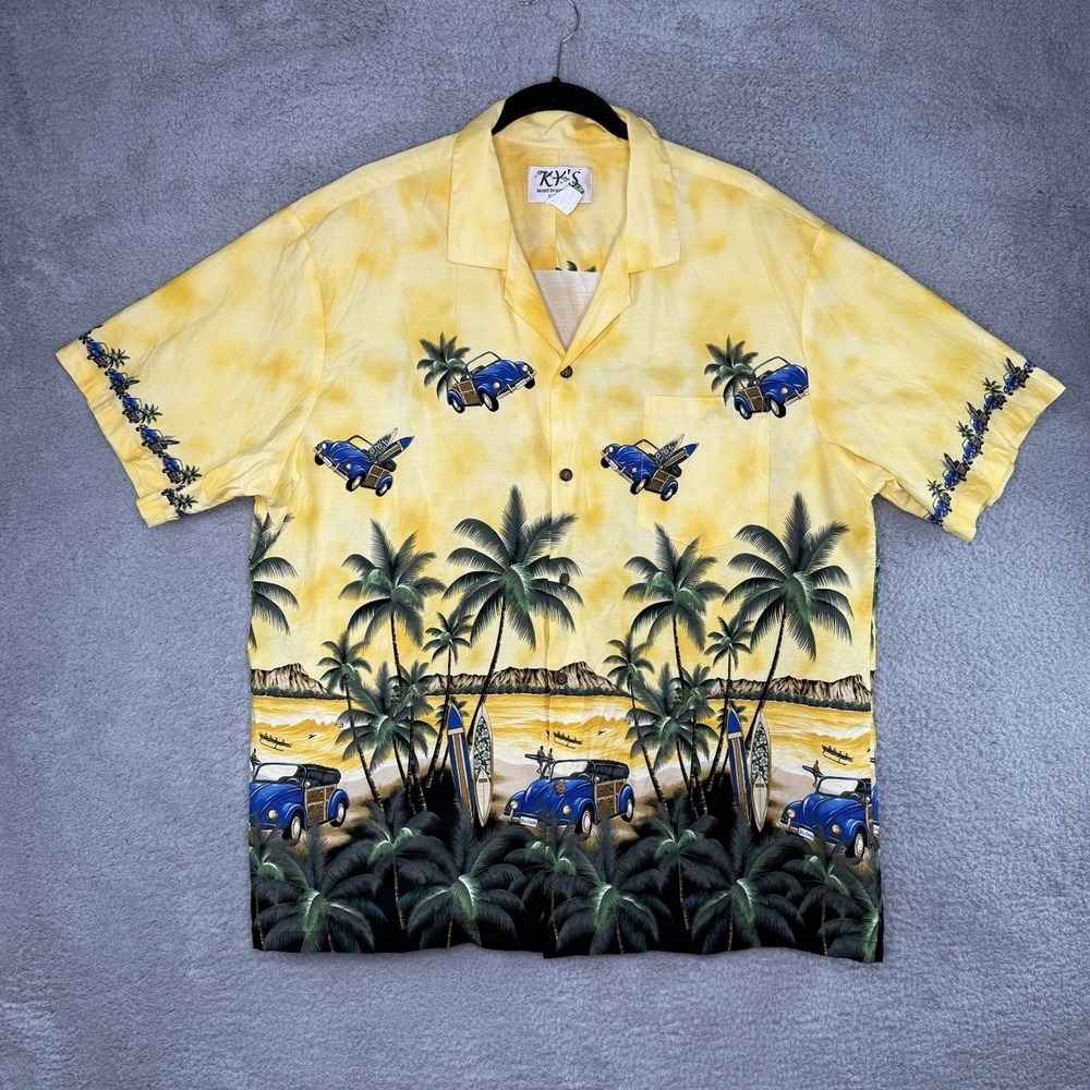 Vtg‎ KY's Hawaiian Button Shirt Men's 3XL All Over Print Palm Surf Beetle USA